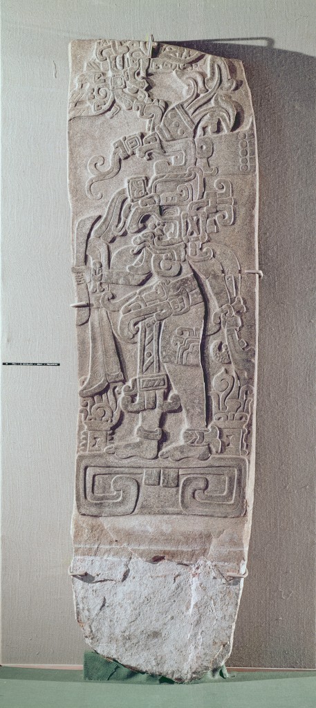 Stele II, rectangular with relief depicting a figure standing on a platform, Pre-Classical period, c.1000 BC-250 AD (granite)
